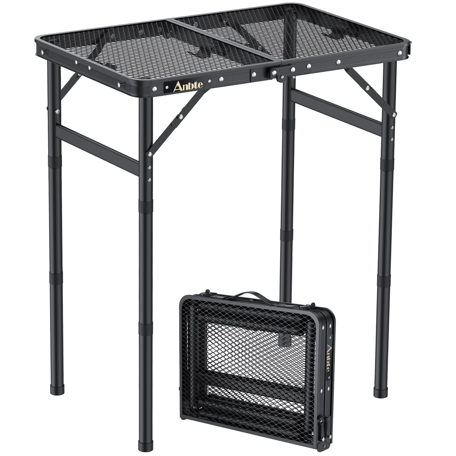 Anbte Campingtisch klappbar, 58x40 cm, höhenverstellbar, schwarz mit Metallgitter-Tischplatte