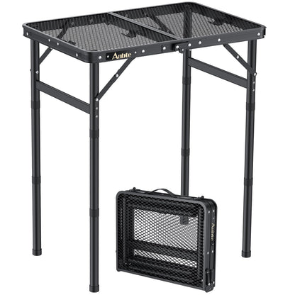 Anbte Campingtisch klappbar, 58x40 cm, höhenverstellbar, schwarz mit Metallgitter-Tischplatte