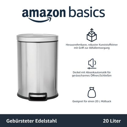 Amazon Basics Mülleimer mit Tretpedal, 20 l, Edelstahl gebürstet