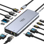 USB C Docking Station Hub 13-in-1 Triple Display 4K 10G, grau, rechteckig. Erweitert USB-C um 13 Ports für 4K Triple Display und 10G Daten.