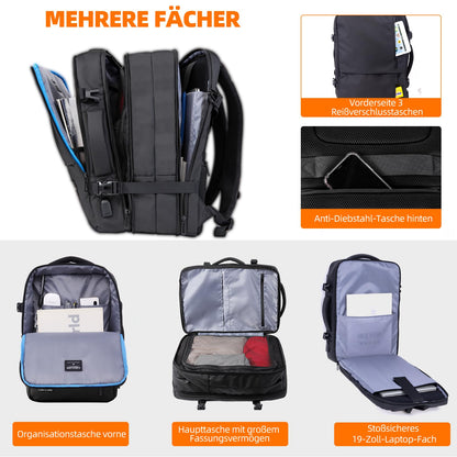 TravelGo Vakuum Laptop Backpack 46L – Handgepäck Rucksack Schwarz