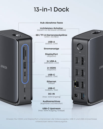 Anker Nano Dockingstation 13-in-1, USB-C Hub, Triple-Display, 100W PD