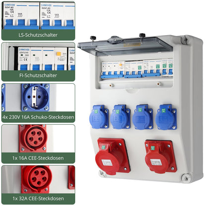 EYPINS Baustromverteiler IP66 mit LS + FI, 4x Schuko + 2x CEE