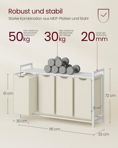 VASAGLE Wäschekorb 4 Fächer, Wäschesammler mit Ablage, 160 L