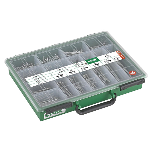 SPAX Sortimentskoffer gross, Schrauben-Set WIROX 384 Schrauben, 3 Bits, Senkkopf, T-STAR plus, sortiert im Kasten