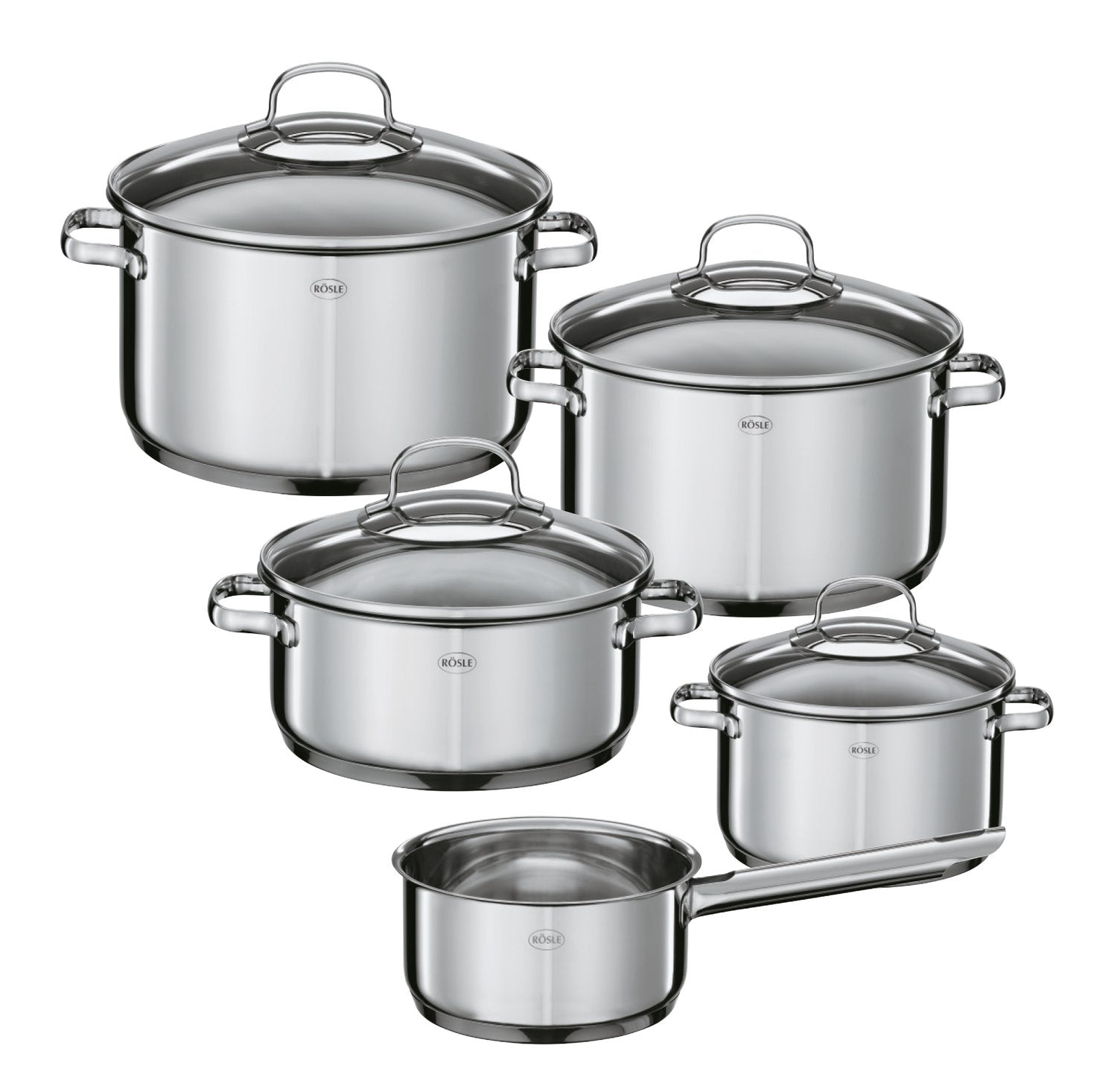 RÖSLE ELEGANCE Topfset 5-tlg. Edelstahl 18/10 Induktion. Runde Töpfe zum vielseitigen Kochen auf Induktion.
