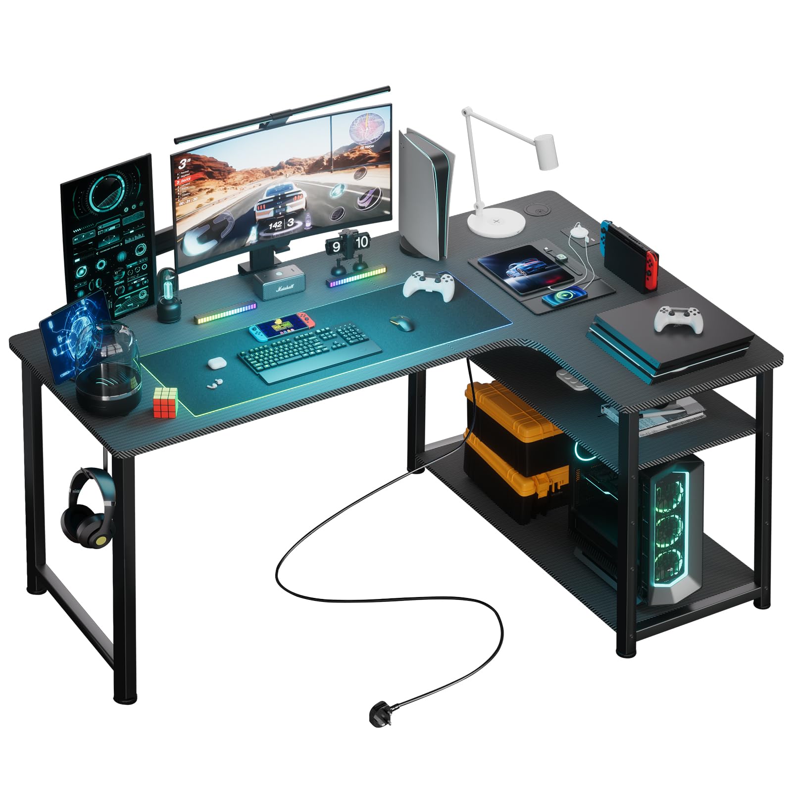 COMHOMA Gaming Tisch L-Form 120x80cm – Steckdose & USB. Für Gaming-Setups, mit integrierter Stromversorgung.