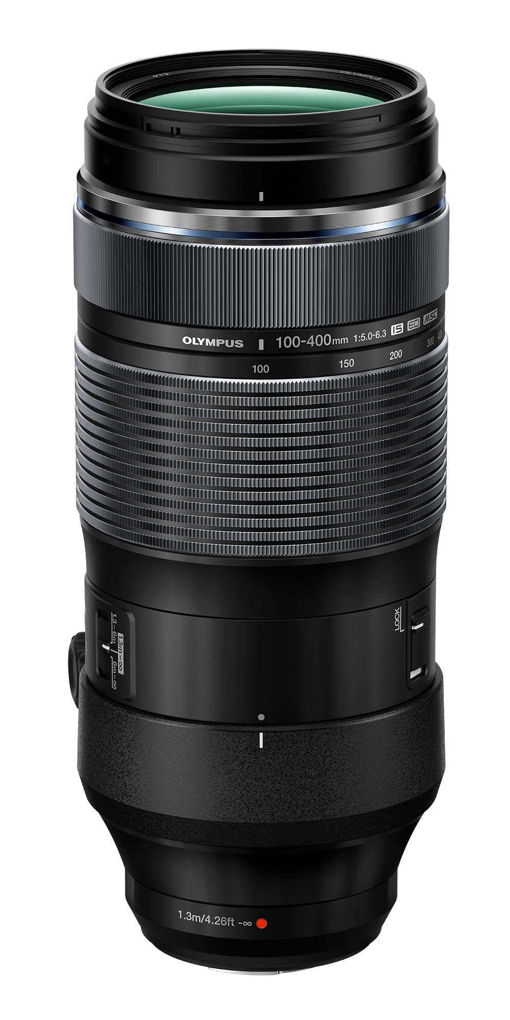 Olympus M.ZUIKO Digital ED 100-400mm f/5.0-6.3 IS Zoom Objektiv. Schwarzes, zylindrisches Telezoomobjektiv mit Bildstabilisierung zum Erfassen weit entfernter Motive.