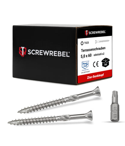 SCREW REBEL Terrassenschraube ST-FIX Edelstahl A2 5x60 mm 500 Stück mit Ziersenkkopf und TX-25-Antrieb