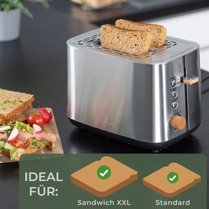WALDWERK Design Toaster – Edelstahl Eiche mit Brötchenaufsatz 2 Scheiben
