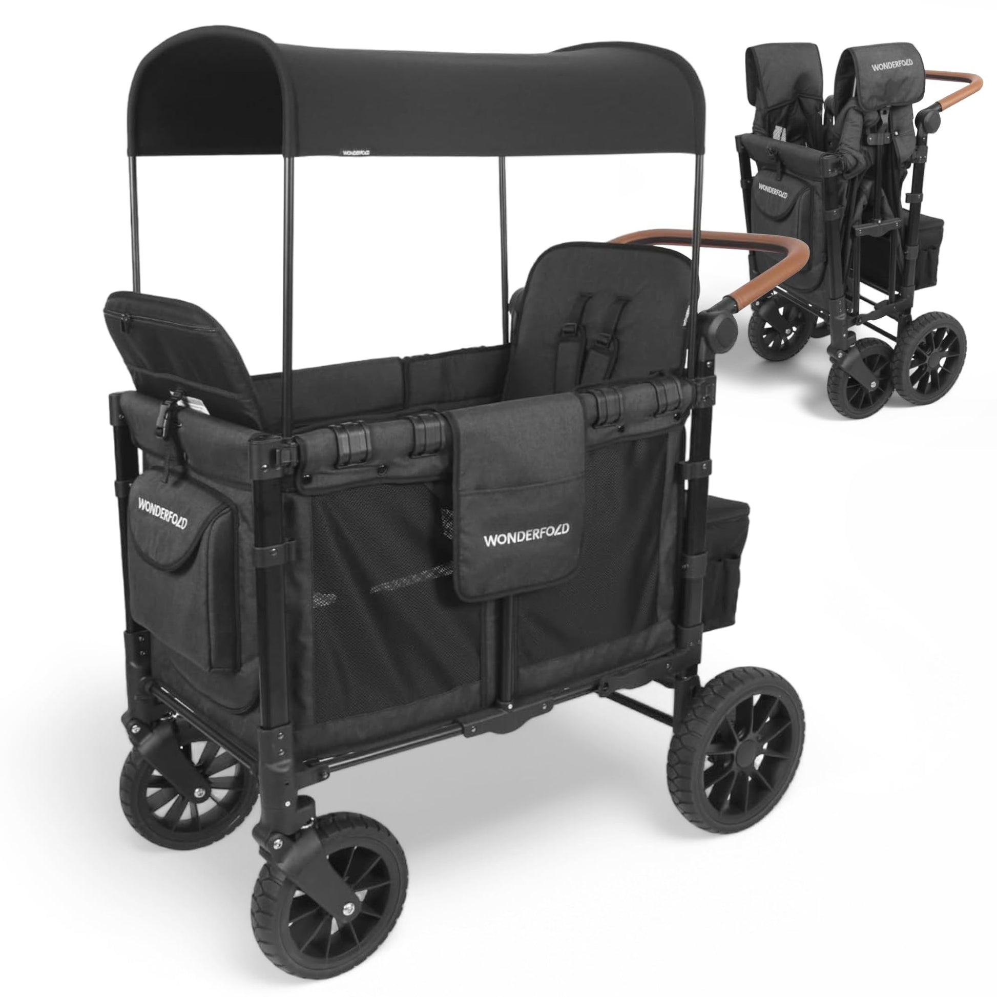 WonderFold W2 Luxe KinderVan Bollerwagen – Volcano Black. Schwarzer, faltbarer Bollerwagen für den sicheren Transport von Kindern.