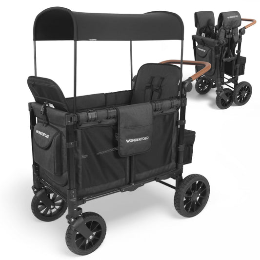 WonderFold W2 Luxe KinderVan Bollerwagen – Volcano Black. Schwarzer, faltbarer Bollerwagen für den sicheren Transport von Kindern.