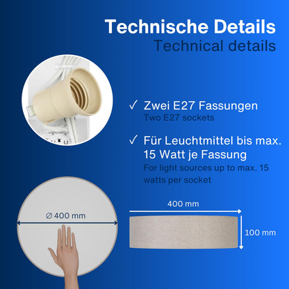 REV LED Deckenleuchte rund 40 cm mit Stoffschirm in Taupe, 2x E27