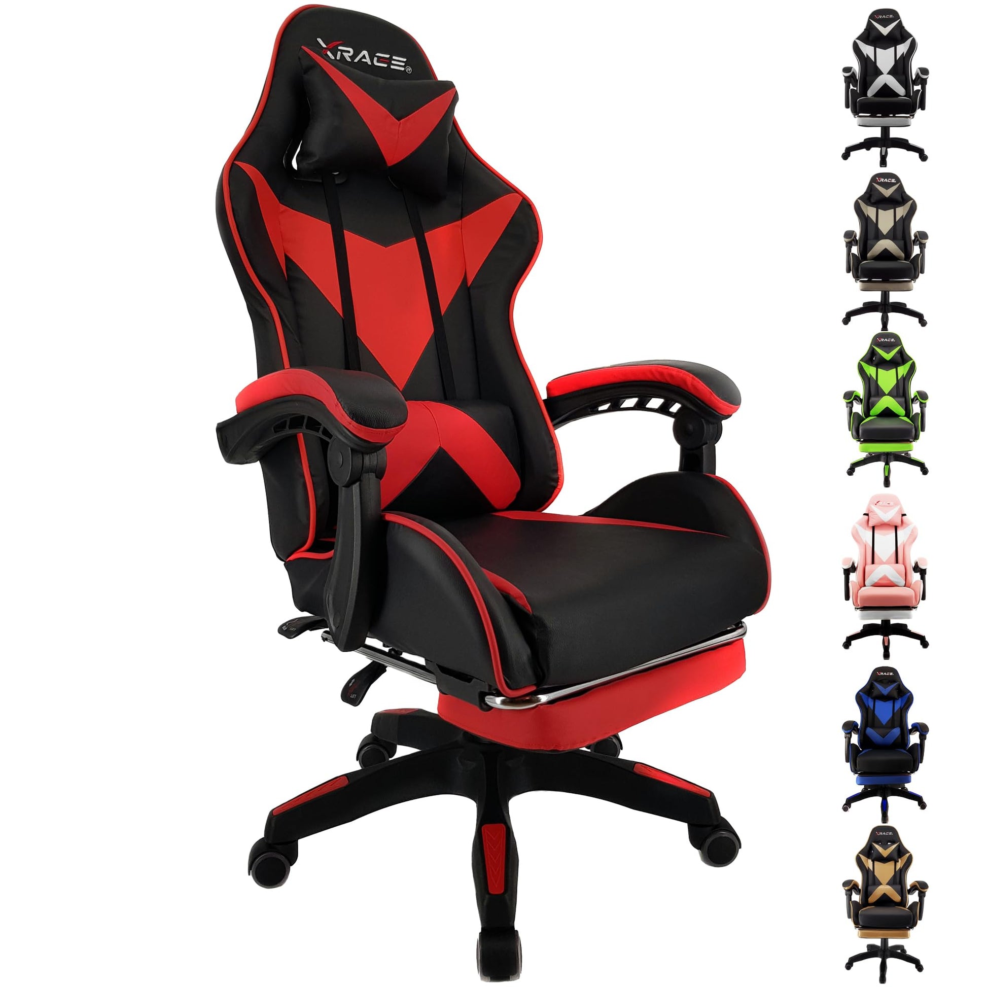 xRace Gaming Stuhl Ergonomischer Bürostuhl - Rot mit Fussstuetze. Ergonomisch für langes Sitzen.