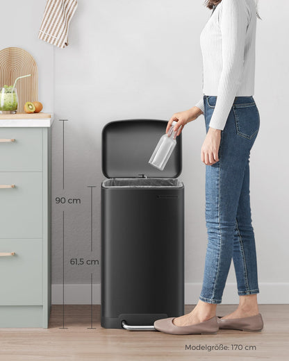 SONGMICS Tretmülleimer 30 l, Stahl, Soft-Close-Deckel, schwarz