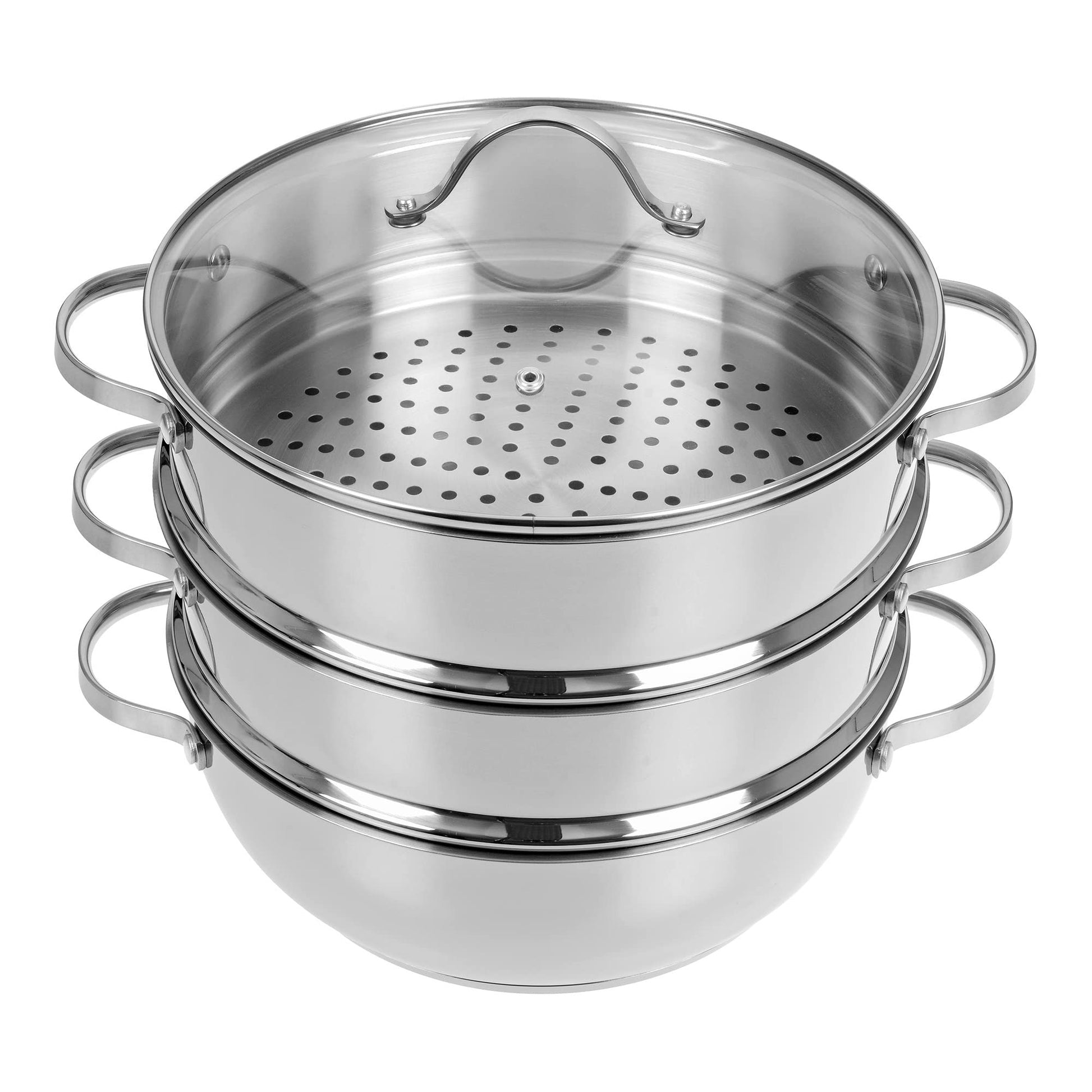 GRÄWE Pro-Line Dampfgarer Servierpfanne 28 cm - 2 Dampfeinsätze. Runde Edelstahlpfanne zum schonenden Dampfgaren und Servieren.