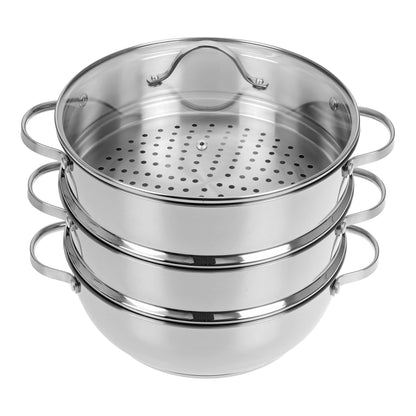 GRÄWE Pro-Line Dampfgarer Servierpfanne 28 cm - 2 Dampfeinsätze. Runde Edelstahlpfanne zum schonenden Dampfgaren und Servieren.