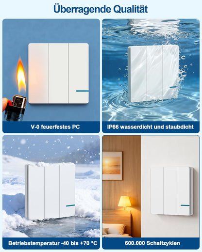 Thinkbee Funk Lichtschalter Set 230V, 3-fach mit 3 Empfängern, IP66