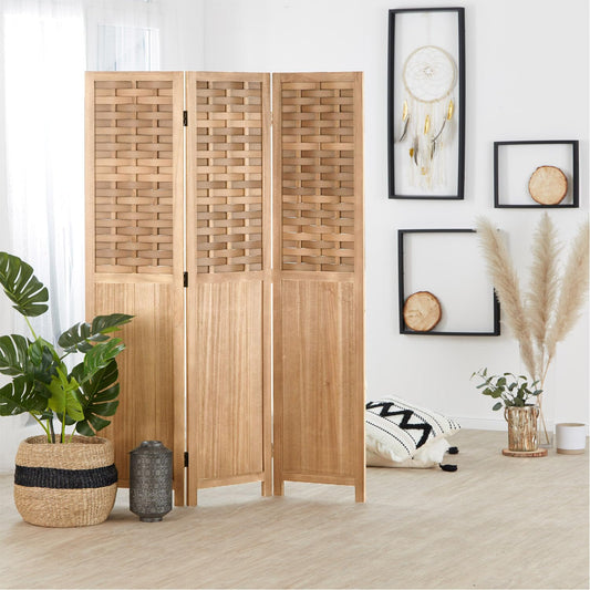 Homestyle4u Paravent Holz Rattan Optik 3-teilig Hellbraun. Dreiteiliger Raumteiler aus Holz in Rattan-Optik dient als Sichtschutz.
