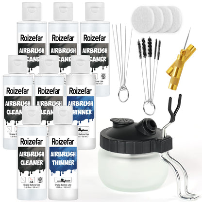 Roizefar Airbrush Reinigungsset mit Verdünner und Reinigungstopf, dazu Reinigungsnadeln und Bürsten