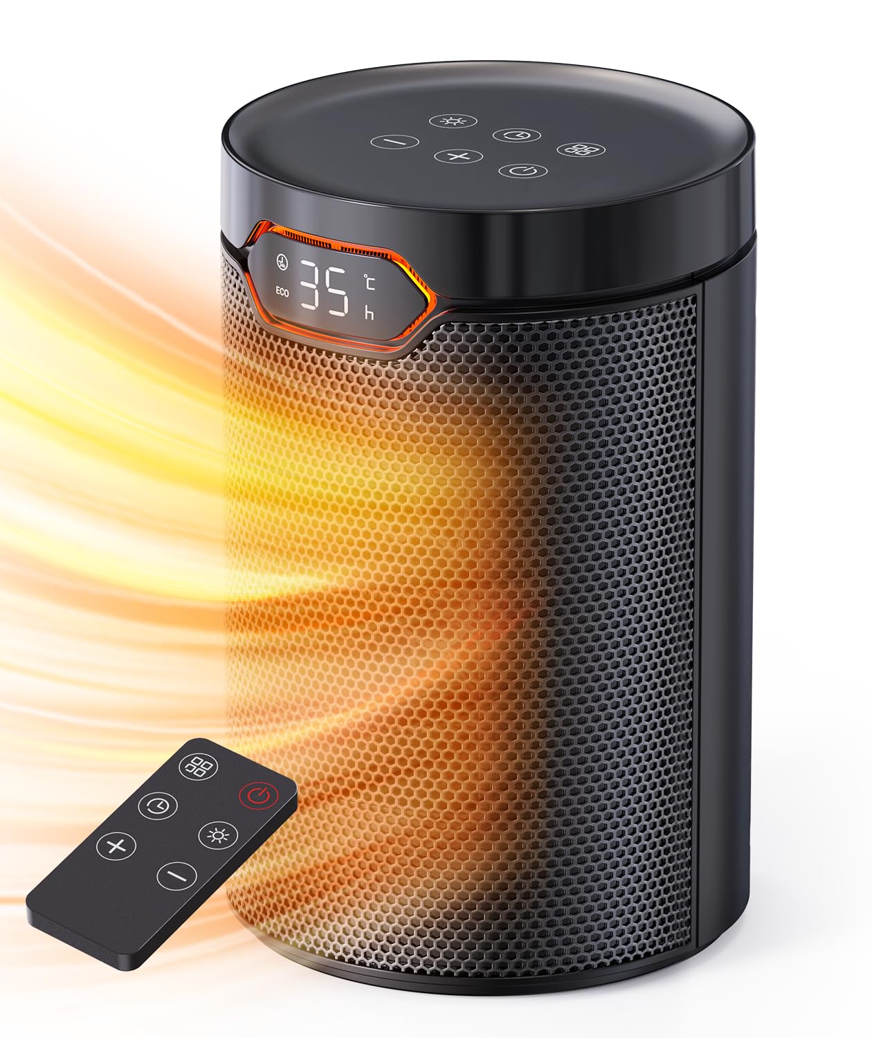 QEXREED Heizlüfter 1500W, PTC, ECO-Modus, Thermostat & Fernbedienung, kompakt mit Tragegriff