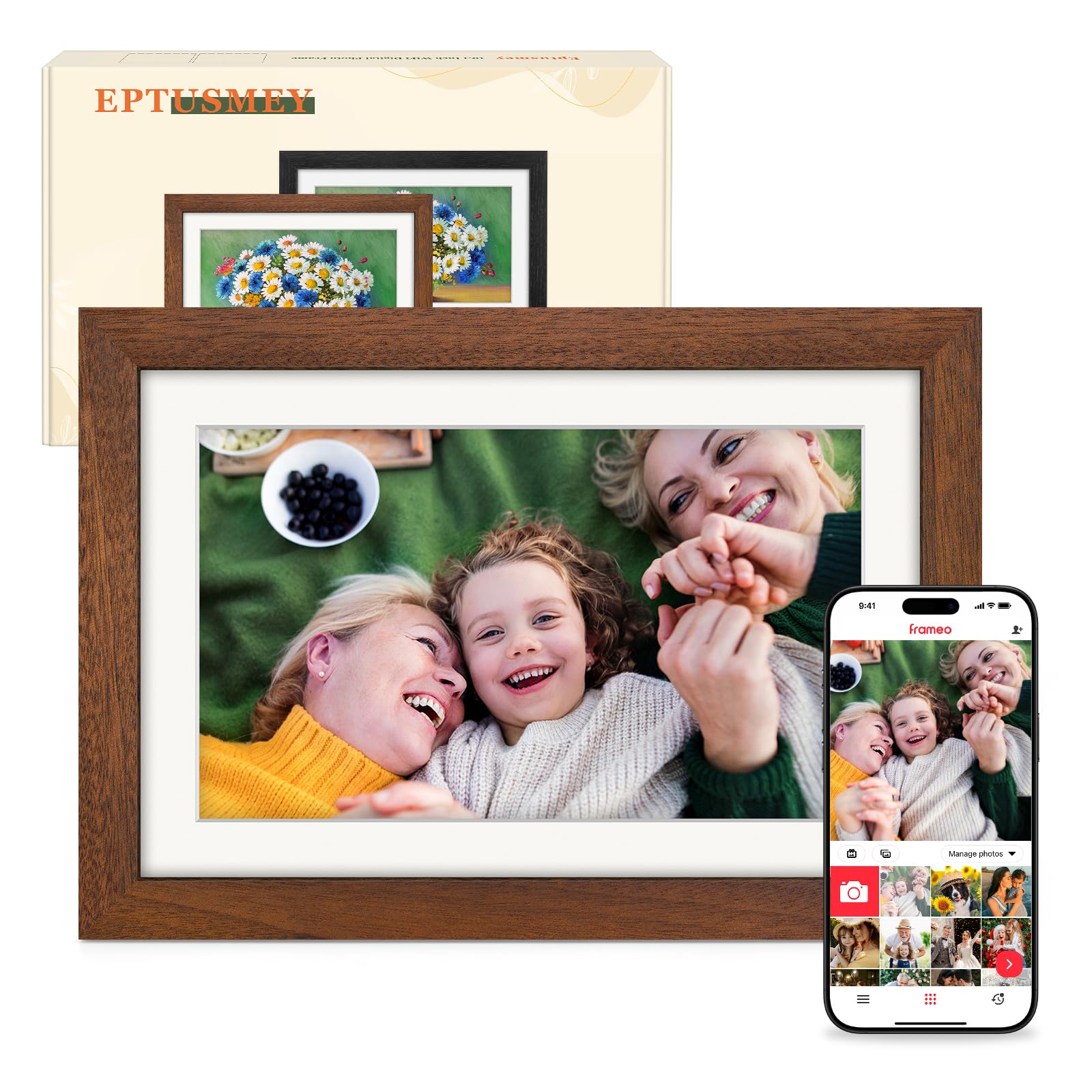 Frameo Digitaler WLAN Bilderrahmen 10.1 Zoll Walnussholz 32GB: Rechteckiger Rahmen aus Walnussholz, zeigt Fotos/Videos per WLAN.