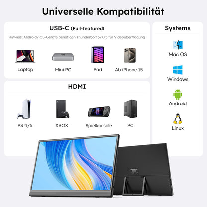 Omiodo Tragbarer Monitor 15,6 Zoll FHD IPS mit USB-C und Mini HDMI