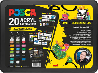 POSCA Marker Set 186830, 20 Acrylmarker im Metalletui mit Anleitungen