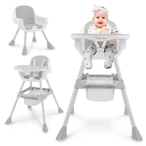 Moby-System Magnolia 2in1 Hochstuhl mit Tablett, Grau, ab 6 Monaten mit Kunstleder-Einlage und 5-Punkt-Gurt