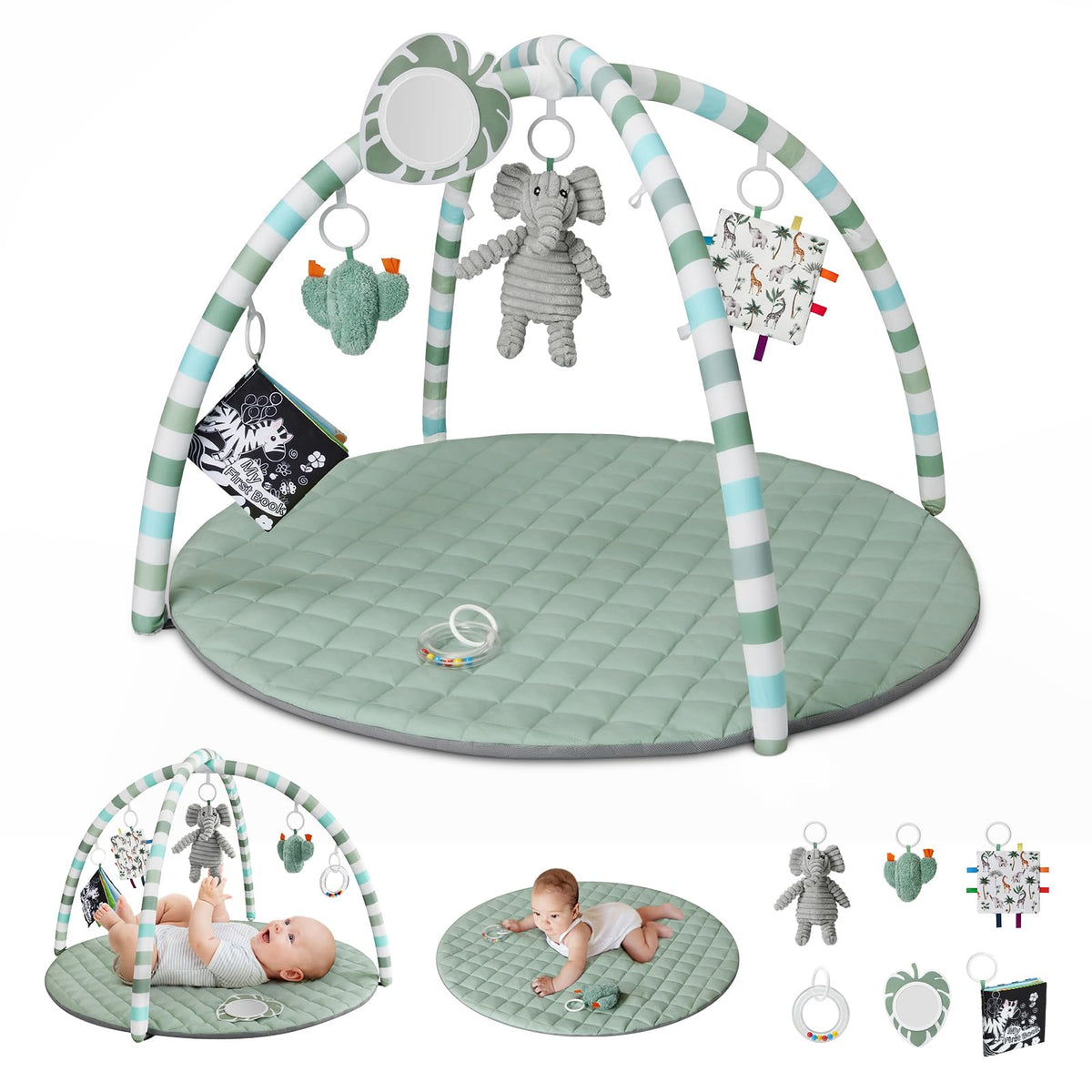 Blissful Diary Spielbogen Baby mit 6 Spielzeugen, Salbeigrün – gepolsterte Spieldecke aus Polyester