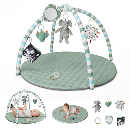Blissful Diary Spielbogen Baby mit 6 Spielzeugen, Salbeigrün – gepolsterte Spieldecke aus Polyester