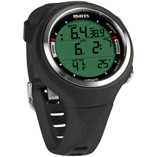 Mares Tauchcomputer Modell Smart – Schwarz für Taucher. Schwarzes Armbandgerät, das Tauchparameter (Tiefe, Zeit, NDL) berechnet.