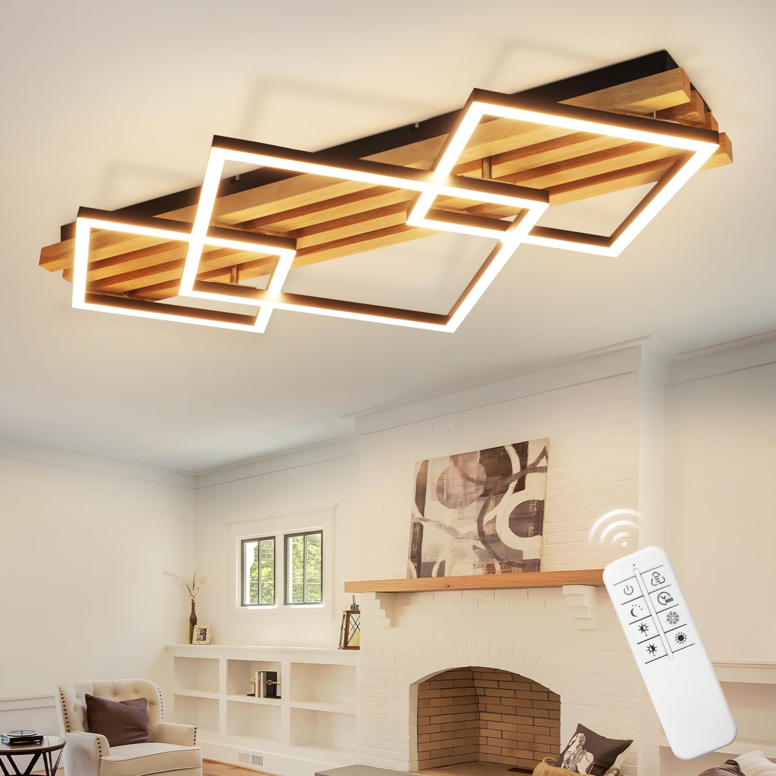 GBLY LED Deckenleuchte Holz, 70 cm, dimmbar, 46 W, schwarz eckig – aus Holz und schwarzem Eisen, mit Fernbedienung