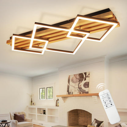 GBLY LED Deckenleuchte Holz, 70 cm, dimmbar, 46 W, schwarz eckig – aus Holz und schwarzem Eisen, mit Fernbedienung