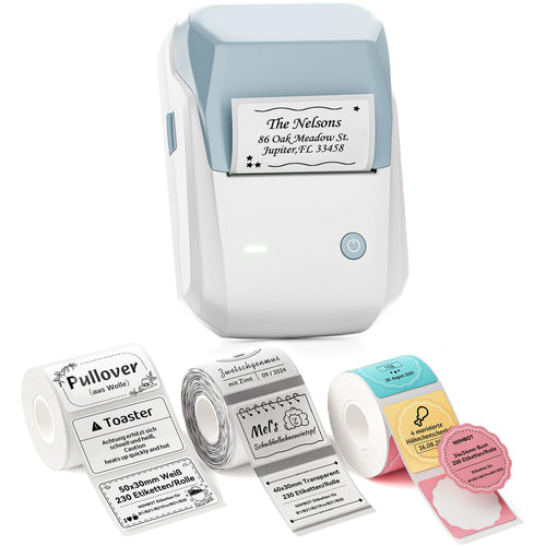 NIIMBOT B1 Etikettendrucker Bluetooth mit 3 Etikettenrollen, Blau, tragbarer Thermodrucker