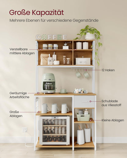 VASAGLE KKS027Y02 Küchenregal mit Steckdosen - goldeichenfarben-weiss