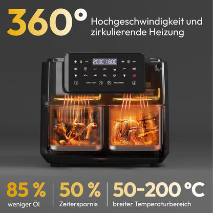 LLIVEKIT Heissluftfritteuse 9L Doppelkammer Airfryer mit Sichtfenster