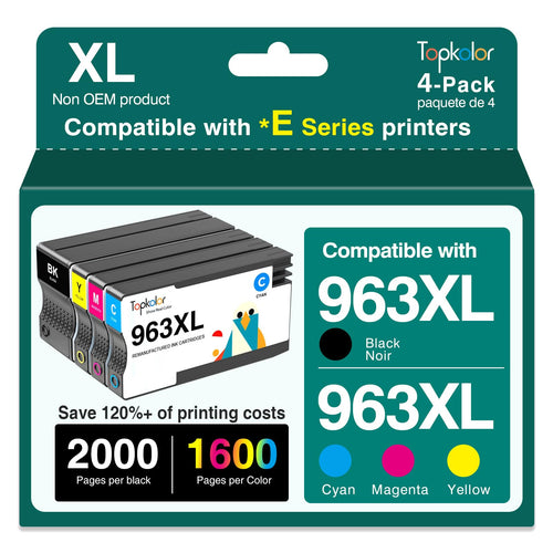 Topkolor 963XL Druckerpatronen Set für HP – Schwarz, Cyan, Magenta, Gelb. Vier Patronen zur Tintenversorgung von HP-Druckern für Farbdrucke.