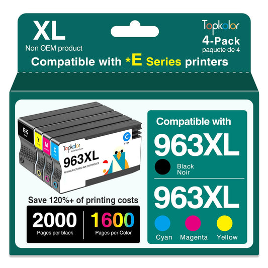 Topkolor 963XL Druckerpatronen Set für HP – Schwarz, Cyan, Magenta, Gelb. Vier Patronen zur Tintenversorgung von HP-Druckern für Farbdrucke.