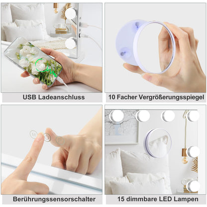 Dripex Hollywood Schminktischspiegel 15 Lichter Touch 58x45 cm Weiss