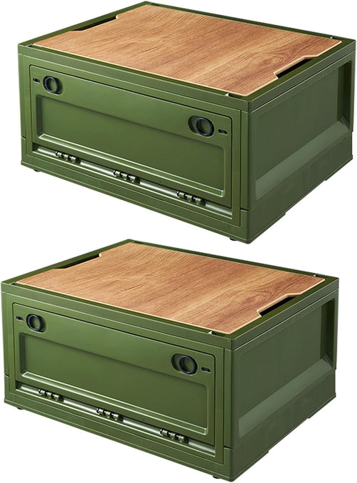 RMAN Campingbox 38L faltbar mit Deckel und 4 Rollen, 2er-Set, Grün – grüne Kunststoffbox mit Holzdeckel