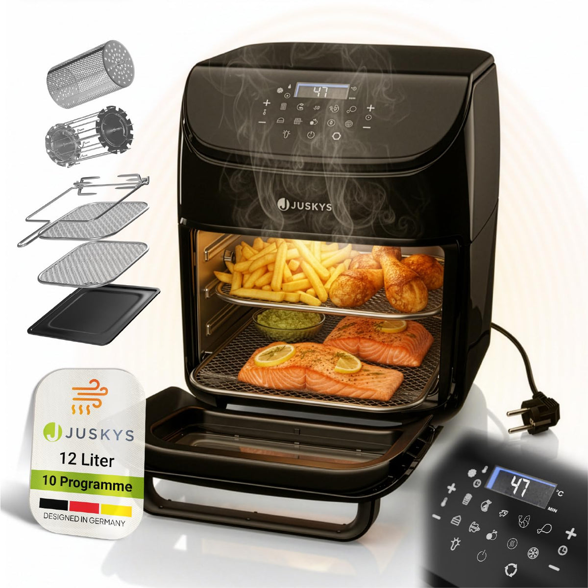 Juskys Heissluftfritteuse 12L Schwarz mit LCD-Touch-Display und Sichtfenster