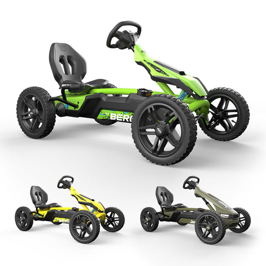 **BERG Rally DRT Green Offroad-Gokart für Kinder:** Grünes, robustes Pedal-Gokart für Kinder, konzipiert für Fahrten auf unebenem Terrain.