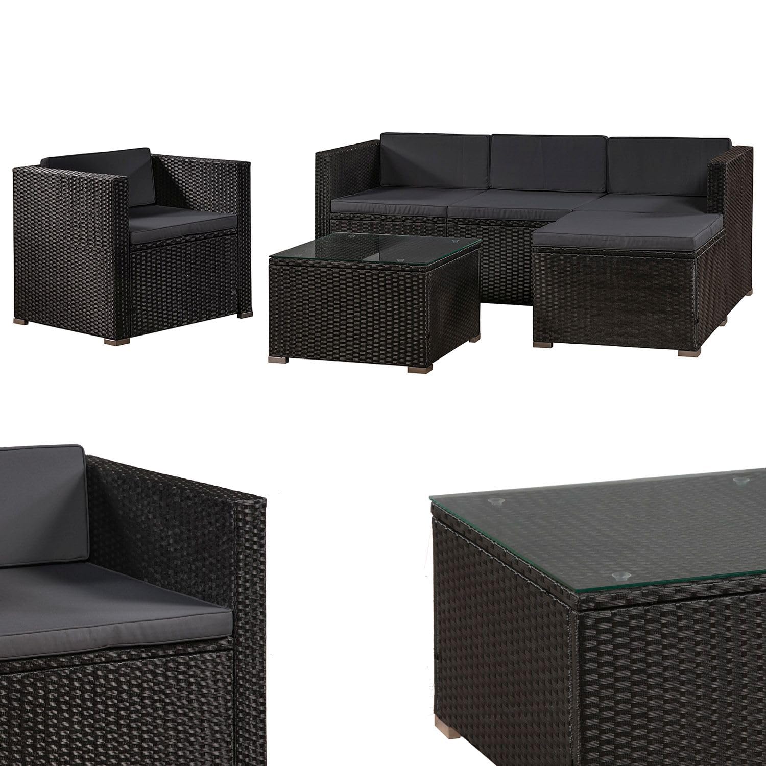 Juskys Garten Lounge Punta Cana L 4-5 Personen – Schwarz/Grau: L-förmige Sitzgruppe in Schwarz/Grau für 4-5 Personen zur Gartennutzung.