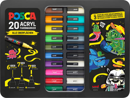 POSCA Marker Set 186830, 20 Acrylmarker im Metalletui mit Anleitungen