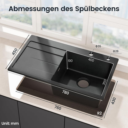 CECIPA Granitspüle 78x45 cm Schwarz - mit Abtropffläche