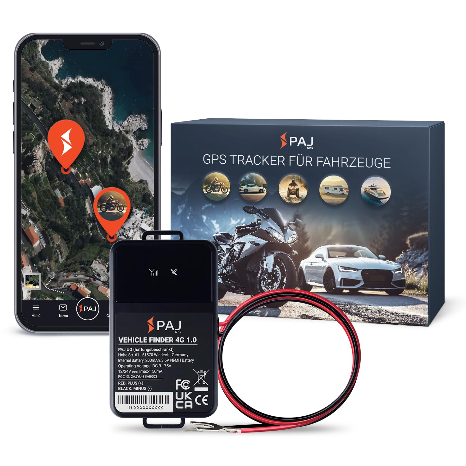 PAJ GPS Vehicle Finder 1.0 4G GPS-Tracker mit Direktanschluss 9-75 V, kompakte Bauform