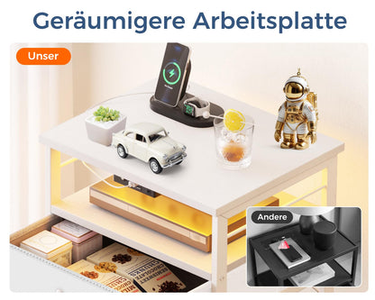 Coleshome Nachttisch Weiss mit LED, 2 USB-Anschlüssen und Steckdose
