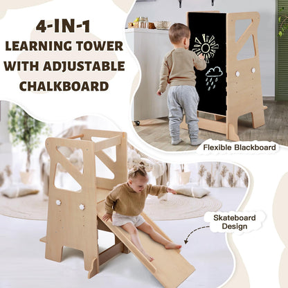 Labebe Montessori Lernturm 4-in-1 mit Rutsche & Kreidetafel