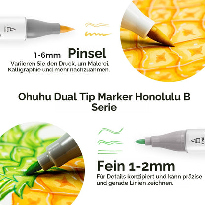Ohuhu Alkoholmarker Set 72 Farben Pinsel- und Feinspitze nachfüllbar